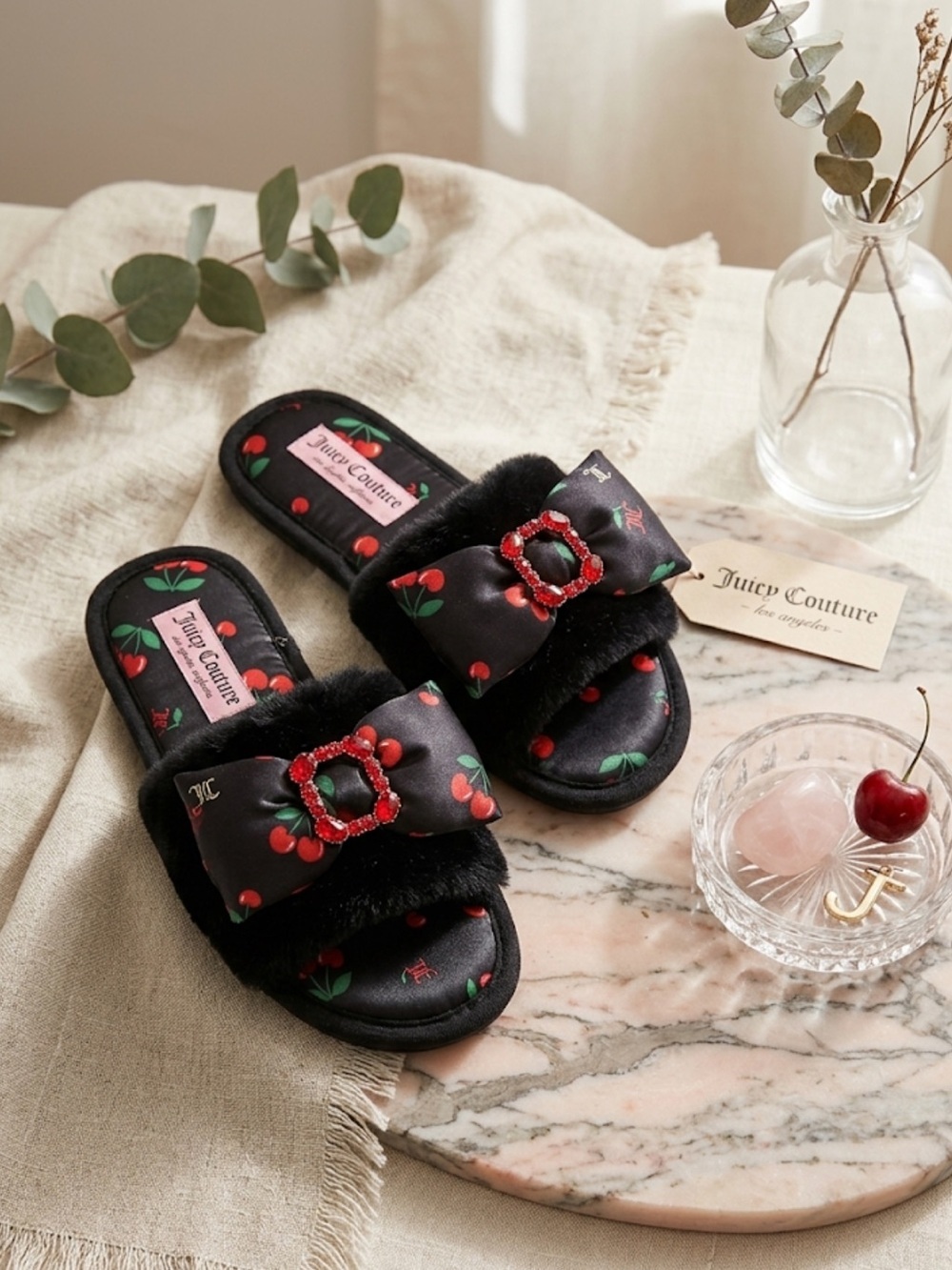 Juicy Couture Cherry Print Slippers – Size M (6.5–7.5) | NWT | Cozy Plush Slides